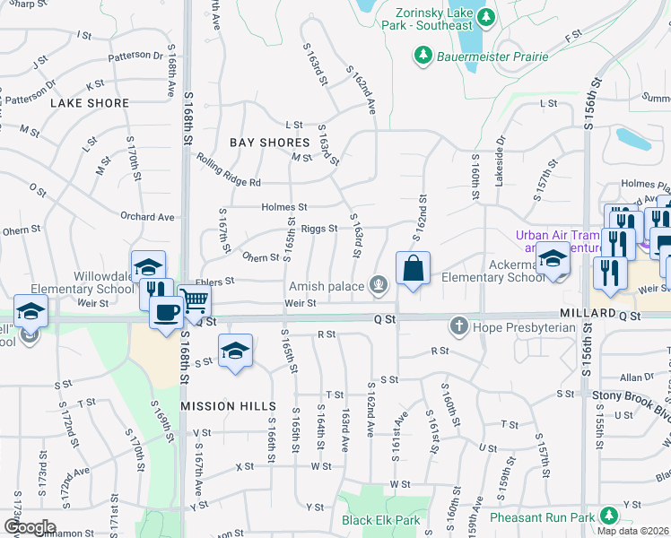 map of restaurants, bars, coffee shops, grocery stores, and more near 5106 South 163rd Street in Omaha