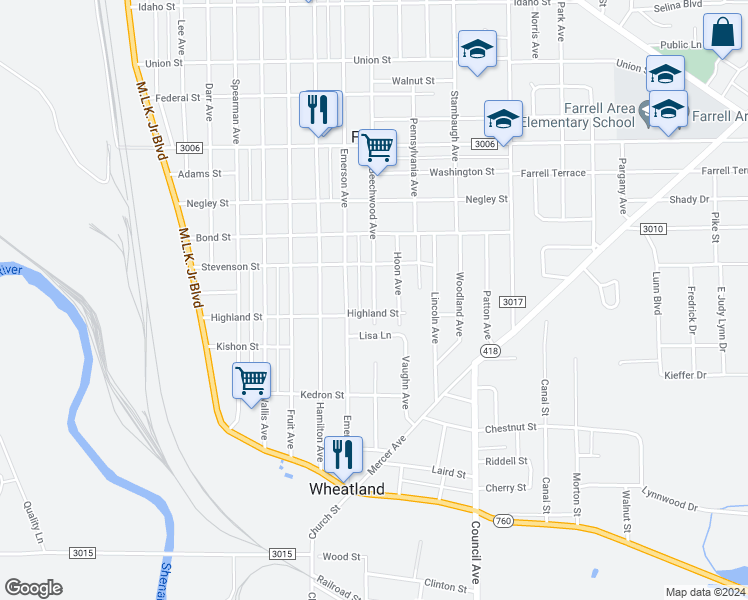 map of restaurants, bars, coffee shops, grocery stores, and more near 327 Beechwood Avenue in Farrell