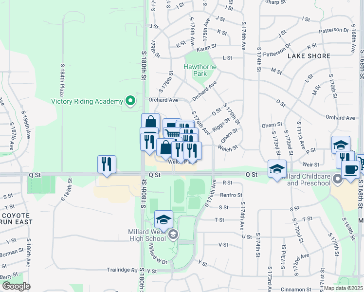 map of restaurants, bars, coffee shops, grocery stores, and more near 17810 Welch Plaza in Omaha