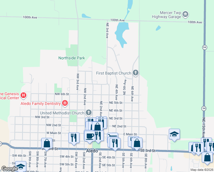 map of restaurants, bars, coffee shops, grocery stores, and more near 607 Northeast 3rd Avenue in Aledo
