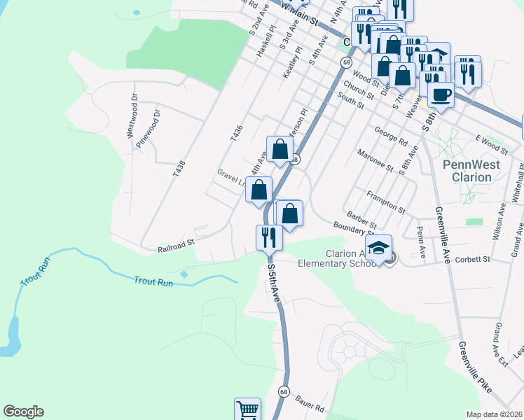 map of restaurants, bars, coffee shops, grocery stores, and more near 360 South 5th Avenue in Clarion