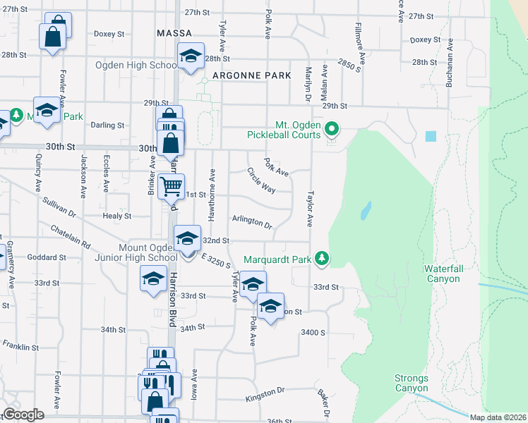 map of restaurants, bars, coffee shops, grocery stores, and more near 1375 East 3100 North in Layton
