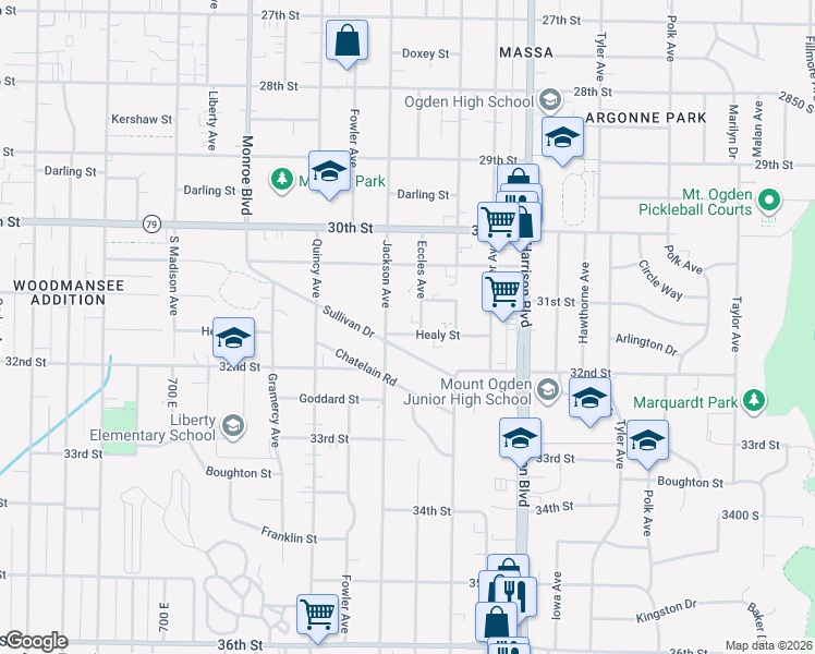 map of restaurants, bars, coffee shops, grocery stores, and more near 1034 Healy Street in Ogden