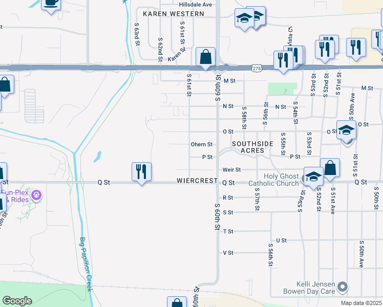 map of restaurants, bars, coffee shops, grocery stores, and more near 6049 South 61st Street in Omaha