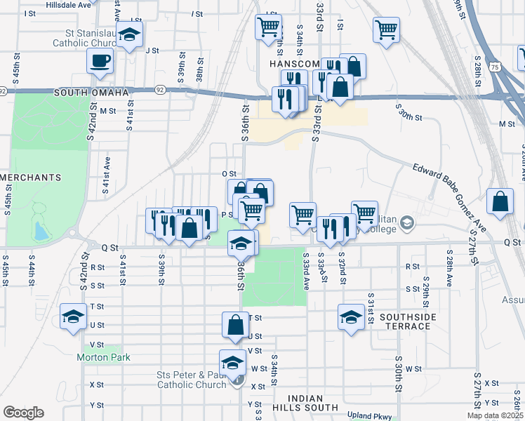 map of restaurants, bars, coffee shops, grocery stores, and more near 3536 Q St in Omaha
