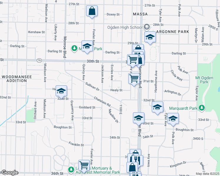 map of restaurants, bars, coffee shops, grocery stores, and more near 1053 Healy Street in Ogden