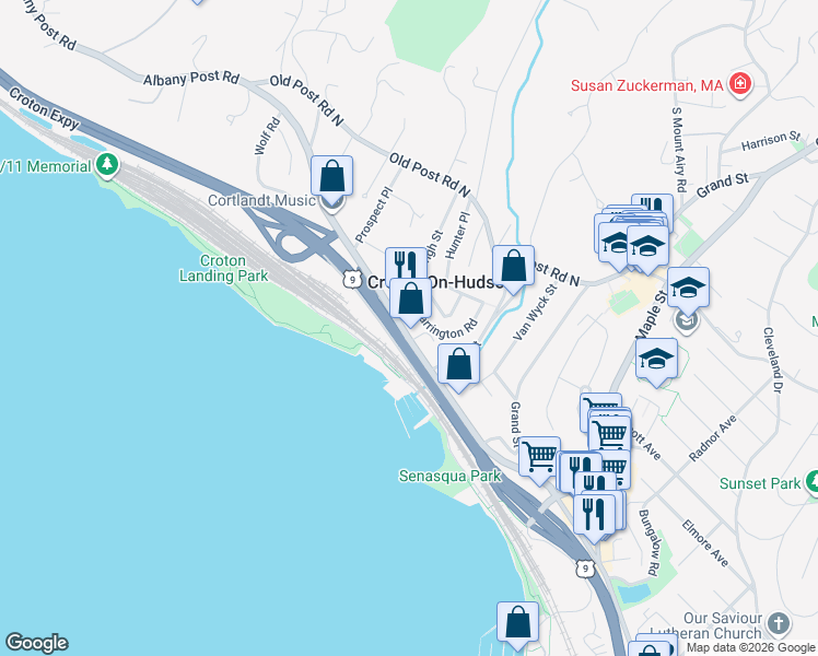 map of restaurants, bars, coffee shops, grocery stores, and more near 38 North Riverside Avenue in Croton-on-Hudson