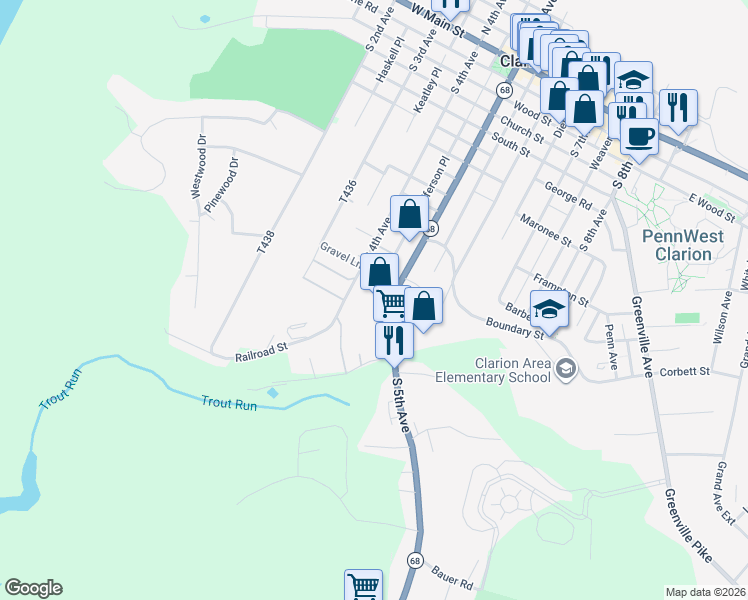 map of restaurants, bars, coffee shops, grocery stores, and more near 360 South 5th Avenue in Clarion