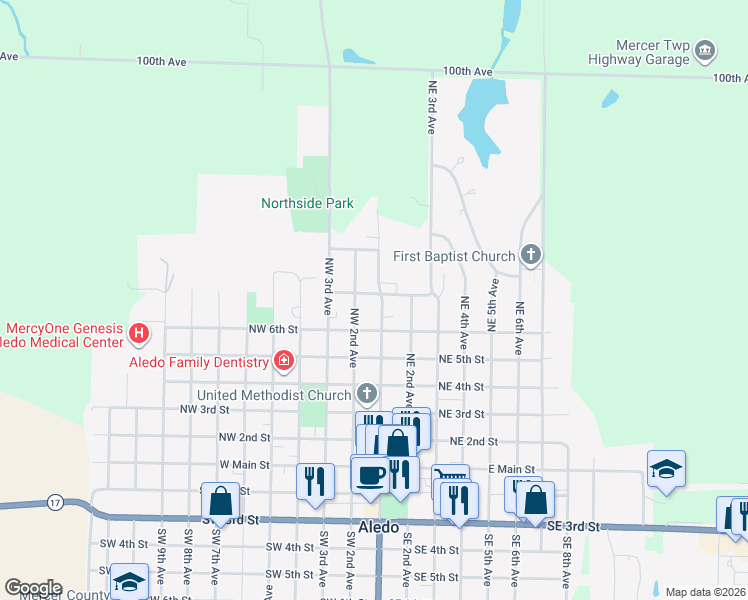map of restaurants, bars, coffee shops, grocery stores, and more near 600-616 Northwest 2nd Avenue in Aledo