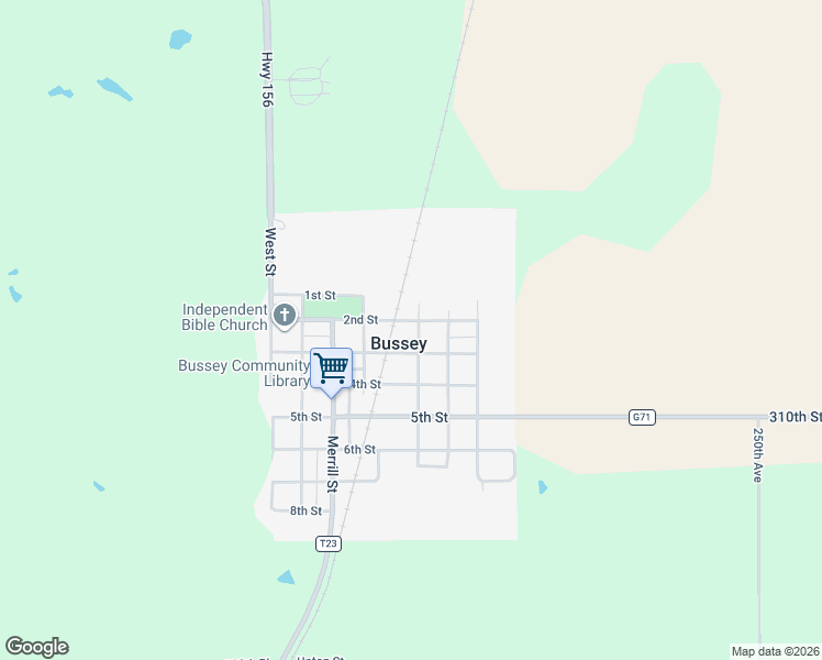 map of restaurants, bars, coffee shops, grocery stores, and more near 206 Washington Street in Bussey