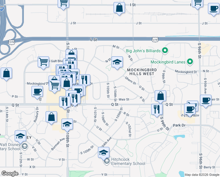map of restaurants, bars, coffee shops, grocery stores, and more near 5118 South 104th Street in Omaha