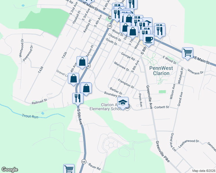 map of restaurants, bars, coffee shops, grocery stores, and more near 252 South 7th Avenue in Clarion