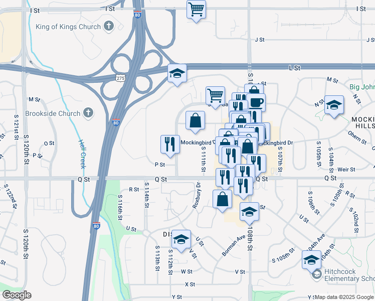map of restaurants, bars, coffee shops, grocery stores, and more near 11235 John Galt Boulevard in Omaha