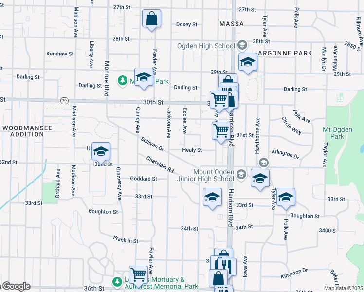 map of restaurants, bars, coffee shops, grocery stores, and more near 1053 Healy Street in Ogden