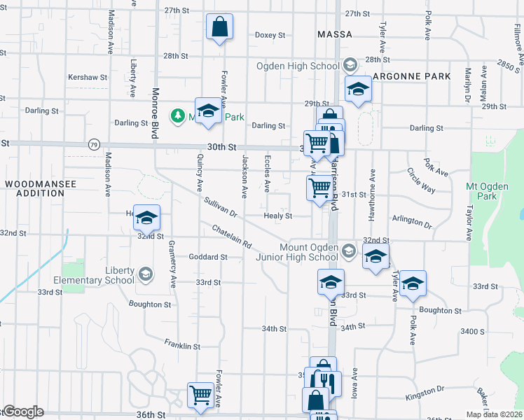 map of restaurants, bars, coffee shops, grocery stores, and more near 1053 Healy Street in Ogden