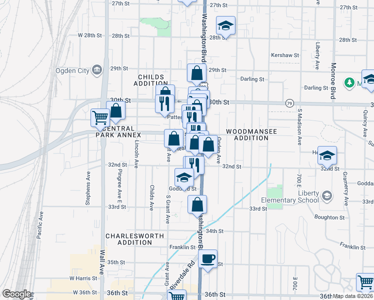 map of restaurants, bars, coffee shops, grocery stores, and more near 3170 Kiesel Avenue in Ogden