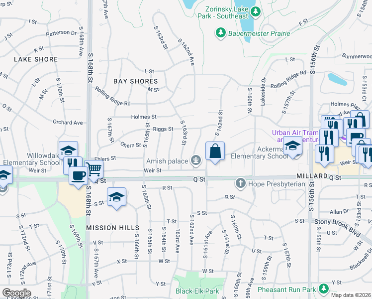 map of restaurants, bars, coffee shops, grocery stores, and more near 5106 South 163rd Street in Omaha