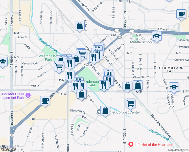 map of restaurants, bars, coffee shops, grocery stores, and more near 13625 Cottner Street in Omaha