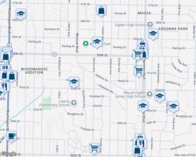 map of restaurants, bars, coffee shops, grocery stores, and more near 936 Chatelain Road in Ogden
