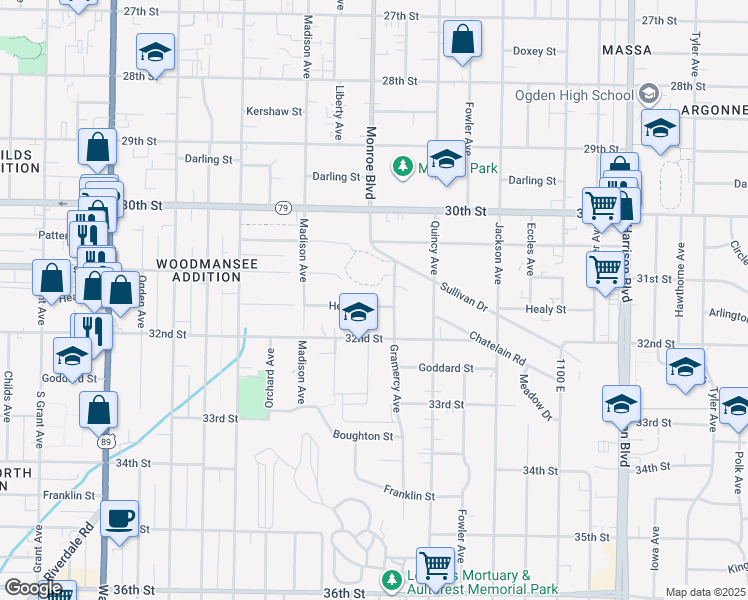 map of restaurants, bars, coffee shops, grocery stores, and more near 804 Healy Street in Ogden
