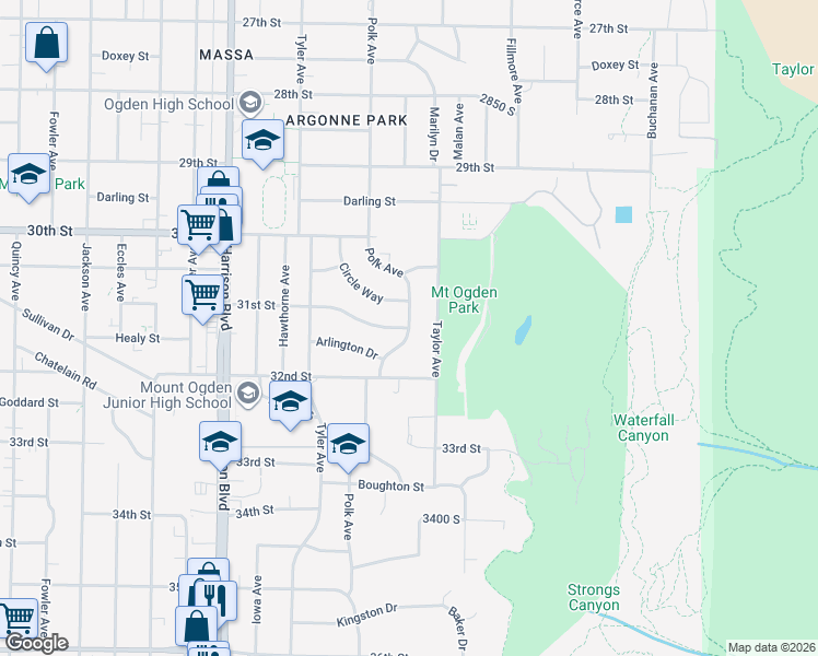 map of restaurants, bars, coffee shops, grocery stores, and more near 3099 Polk Avenue in Ogden