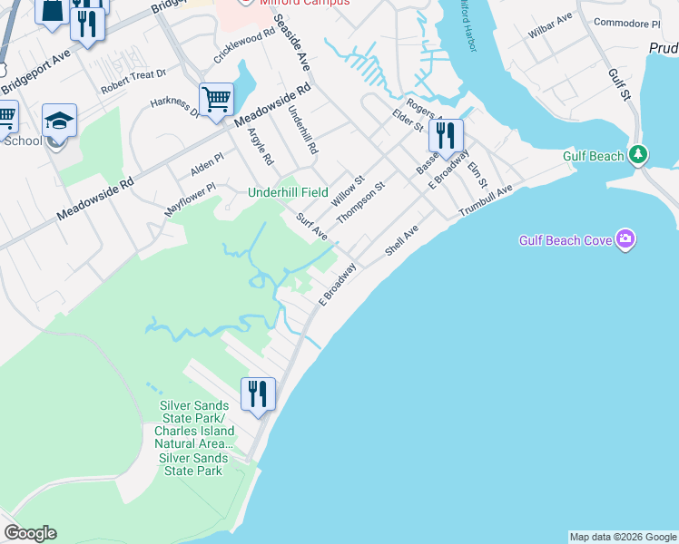 map of restaurants, bars, coffee shops, grocery stores, and more near 127 Shell Avenue in Milford