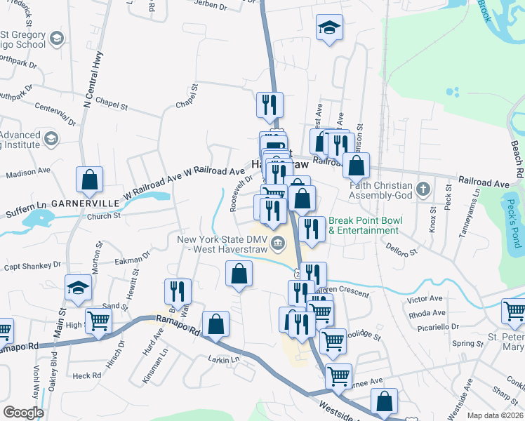 map of restaurants, bars, coffee shops, grocery stores, and more near 45 south route 9w in West Haverstraw