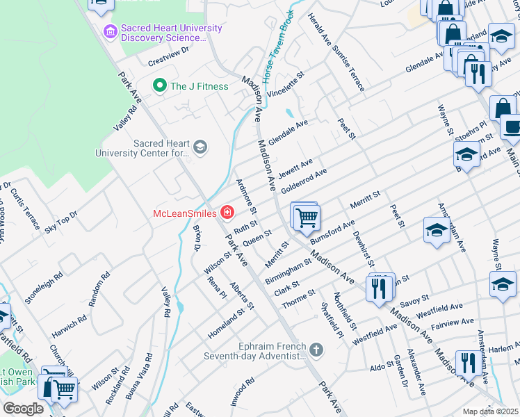 map of restaurants, bars, coffee shops, grocery stores, and more near 839 Ruth Street in Bridgeport
