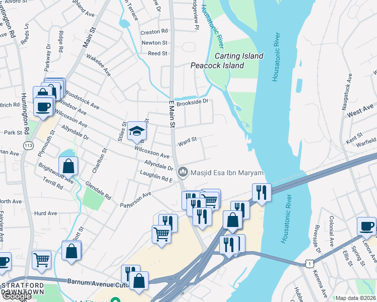 map of restaurants, bars, coffee shops, grocery stores, and more near 67 Peck Street in Stratford