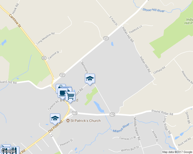map of restaurants, bars, coffee shops, grocery stores, and more near 71 Seminary Road in Bedford