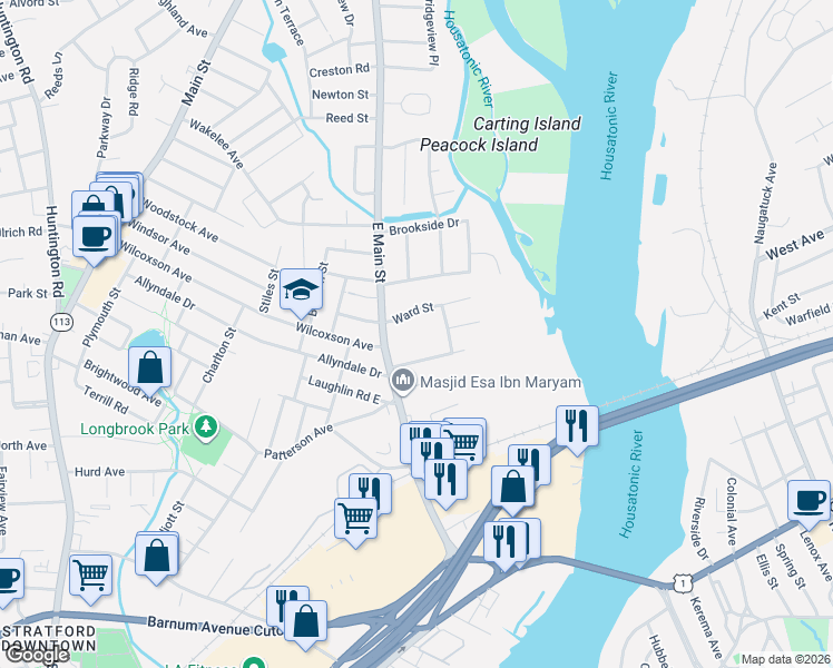 map of restaurants, bars, coffee shops, grocery stores, and more near 510 East Main Street in Stratford