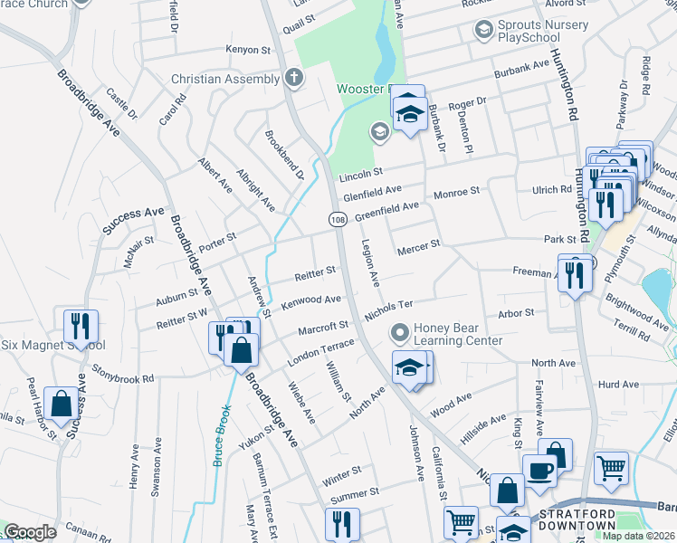 map of restaurants, bars, coffee shops, grocery stores, and more near 763 Nichols Avenue in Stratford