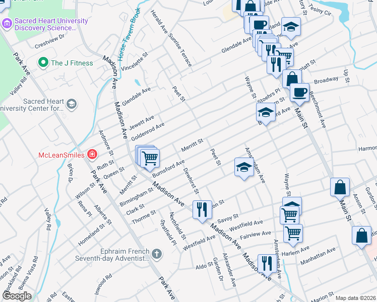 map of restaurants, bars, coffee shops, grocery stores, and more near 555 Burnsford Avenue in Bridgeport