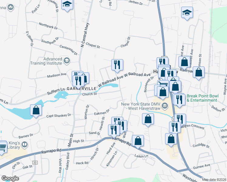 map of restaurants, bars, coffee shops, grocery stores, and more near 26 Norris Street in West Haverstraw