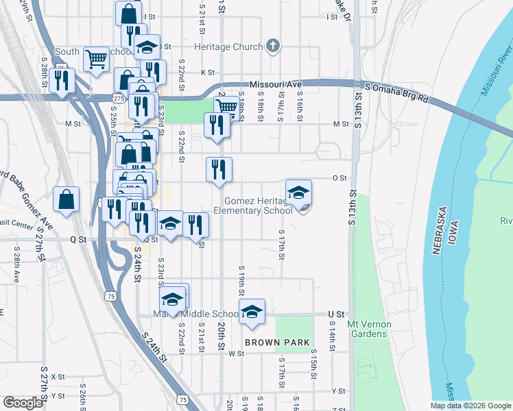 map of restaurants, bars, coffee shops, grocery stores, and more near 5111 South 19th Street in Omaha