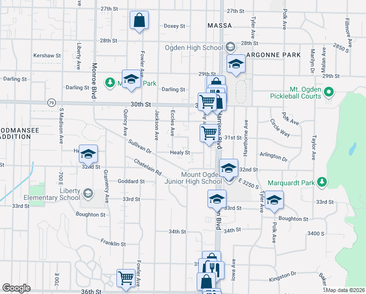 map of restaurants, bars, coffee shops, grocery stores, and more near 1053 Healy Street in Ogden