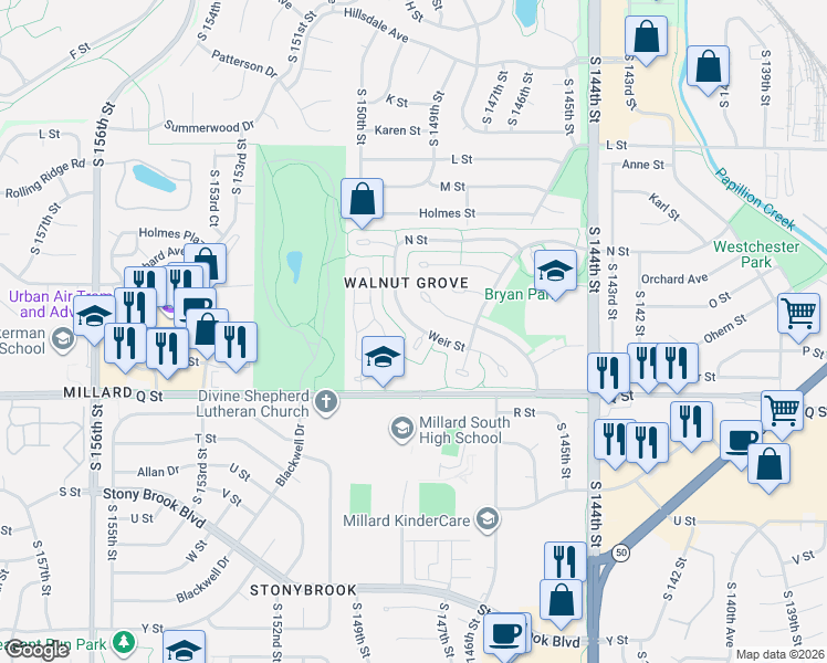 map of restaurants, bars, coffee shops, grocery stores, and more near 5082 South 149th Court in Omaha