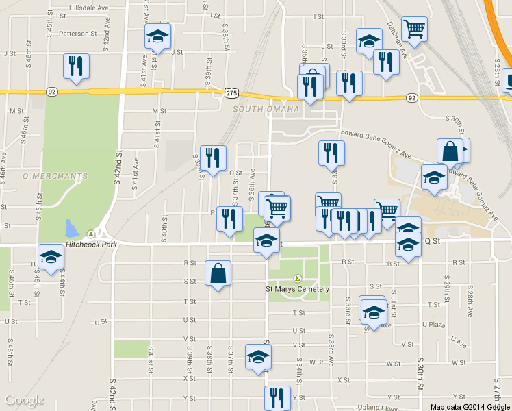 map of restaurants, bars, coffee shops, grocery stores, and more near 3623 P Street in Omaha