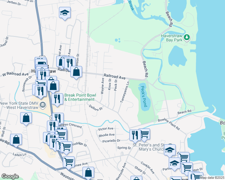 map of restaurants, bars, coffee shops, grocery stores, and more near 17 Lafayette Street in West Haverstraw