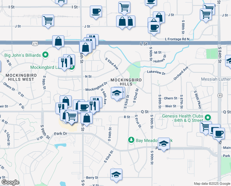 map of restaurants, bars, coffee shops, grocery stores, and more near 5021 South 93rd Circle in Omaha