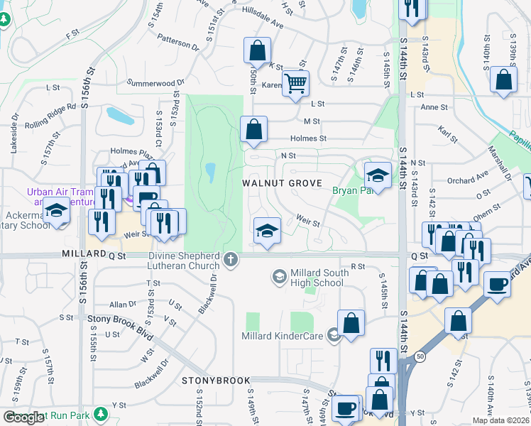 map of restaurants, bars, coffee shops, grocery stores, and more near 5001 South 149th Court in Omaha