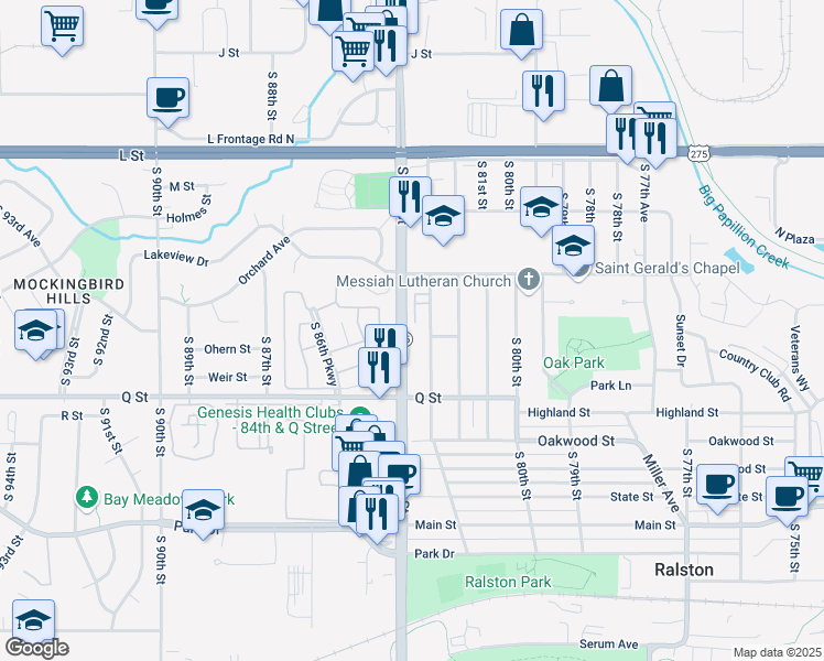 map of restaurants, bars, coffee shops, grocery stores, and more near 5016 South 83rd Street in Omaha