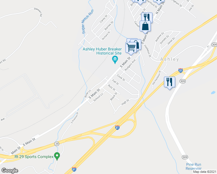 map of restaurants, bars, coffee shops, grocery stores, and more near 11 Rutz Street in Wilkes-Barre