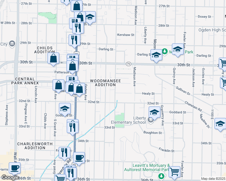 map of restaurants, bars, coffee shops, grocery stores, and more near 551 East 31st Street in Ogden