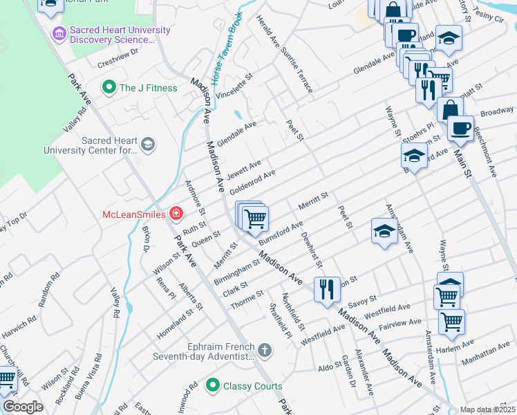 map of restaurants, bars, coffee shops, grocery stores, and more near 570 Ruth Street in Bridgeport