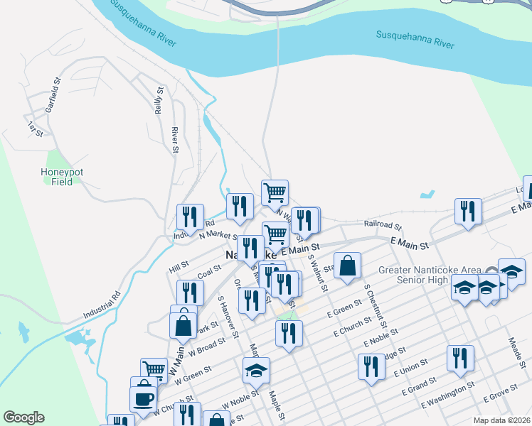 map of restaurants, bars, coffee shops, grocery stores, and more near 151 Lower Broadway Street in Nanticoke