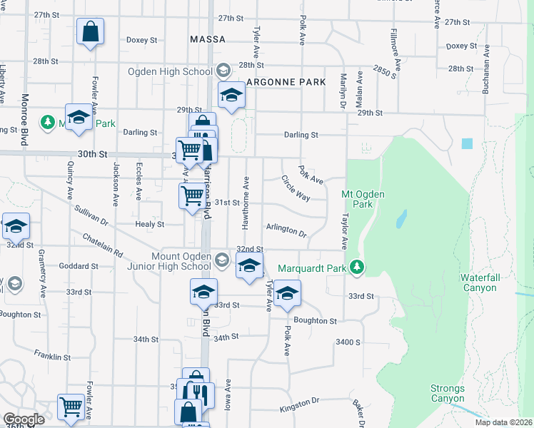 map of restaurants, bars, coffee shops, grocery stores, and more near 3120 Tyler Avenue in Ogden