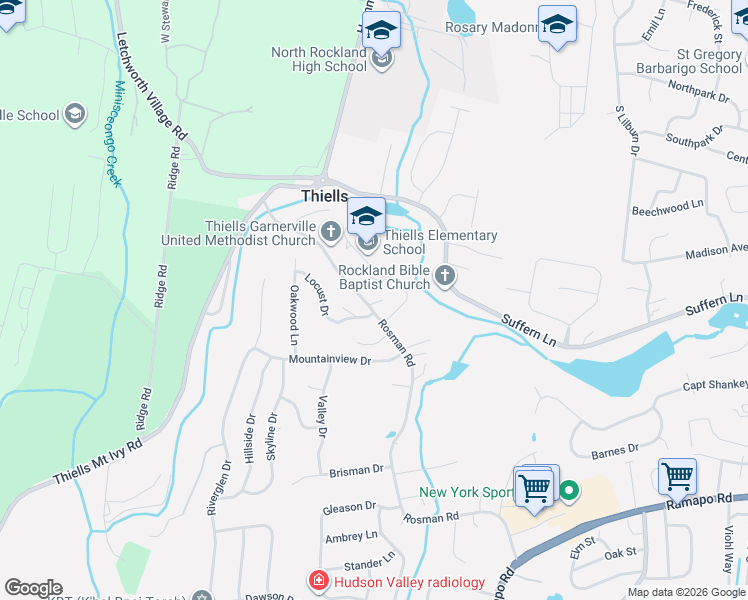 map of restaurants, bars, coffee shops, grocery stores, and more near 94 Rosman Road in Thiells