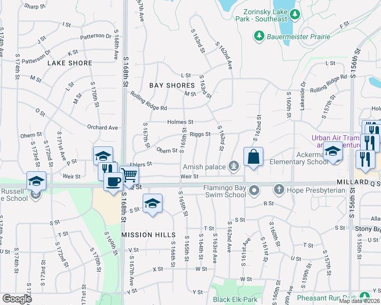 map of restaurants, bars, coffee shops, grocery stores, and more near 5011 South 164th Street in Omaha