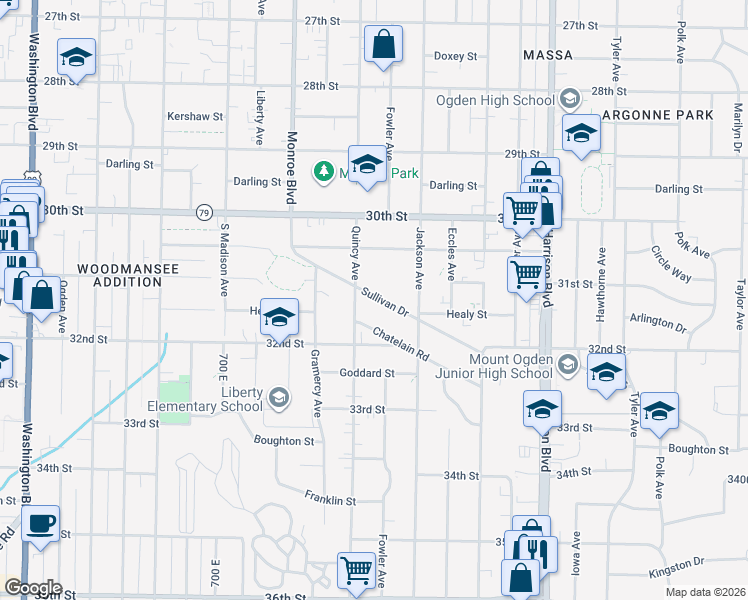 map of restaurants, bars, coffee shops, grocery stores, and more near 934 Sullivan Drive in Ogden